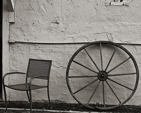 Chair & Wooden Carriage Wheel
